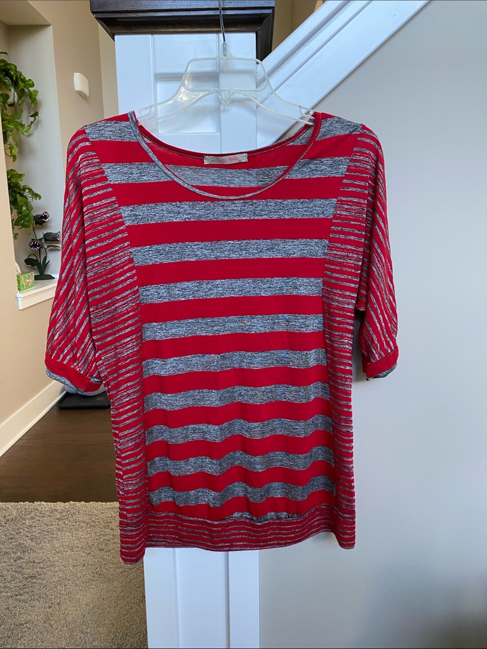 Women's Red and Gray Striped Half Sleeve Top